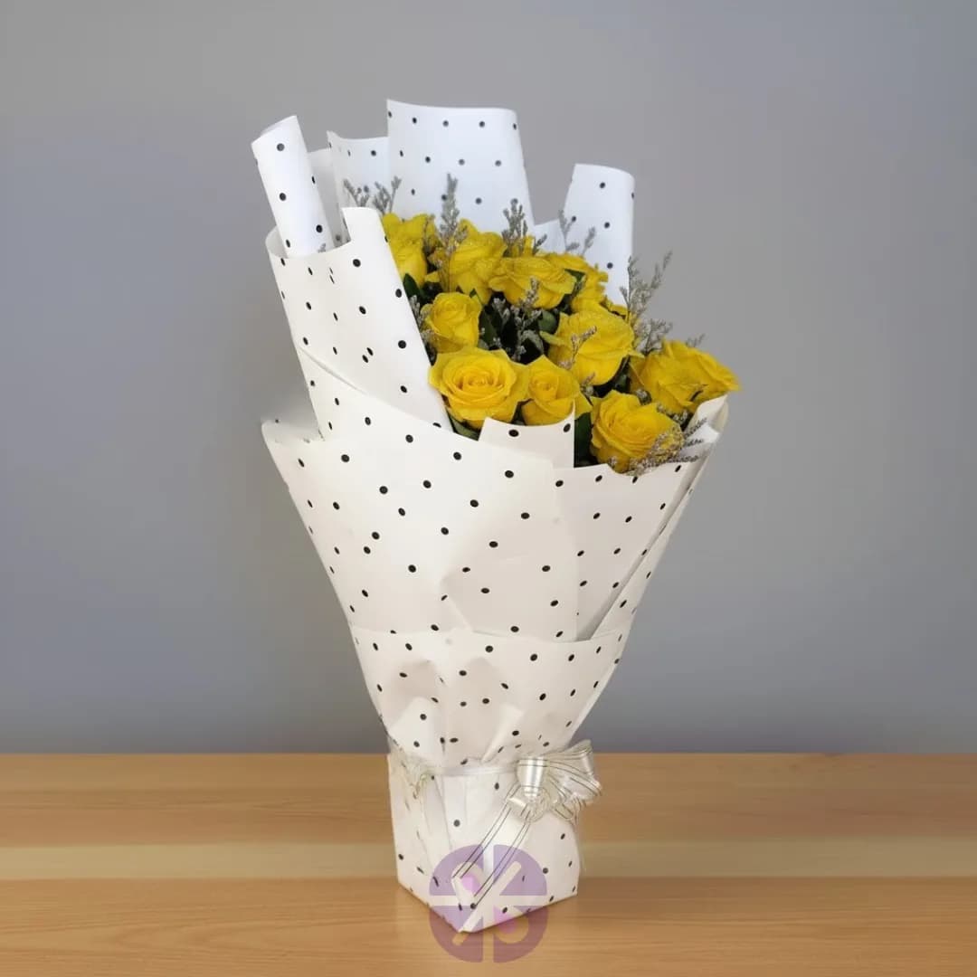 Sunny Yellow Roses Bouquet in Chic Print Dot Wrap
