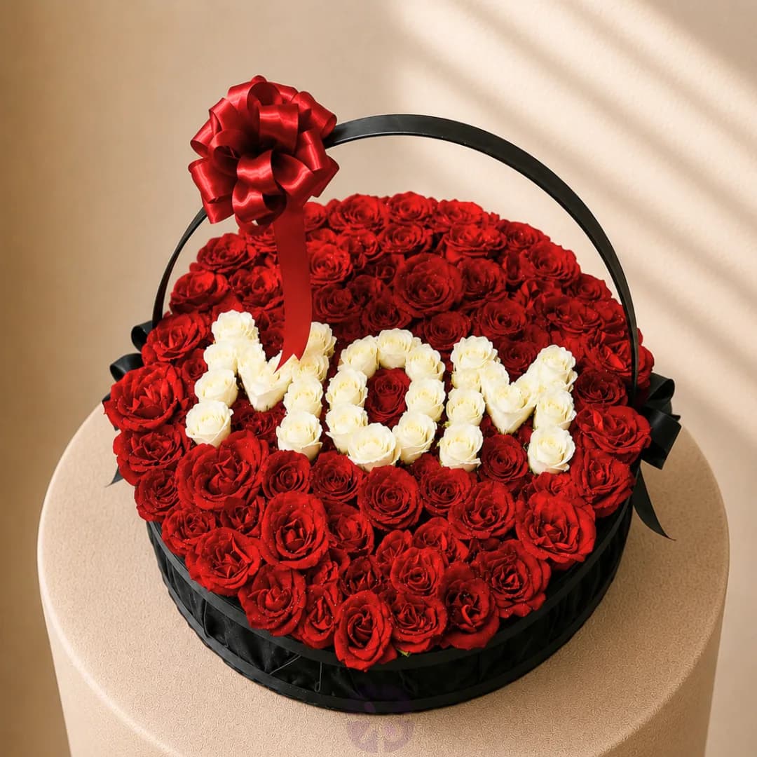 Grand 100-Rose Personalized "MOM" Premium Gift Basket with Red & White Roses