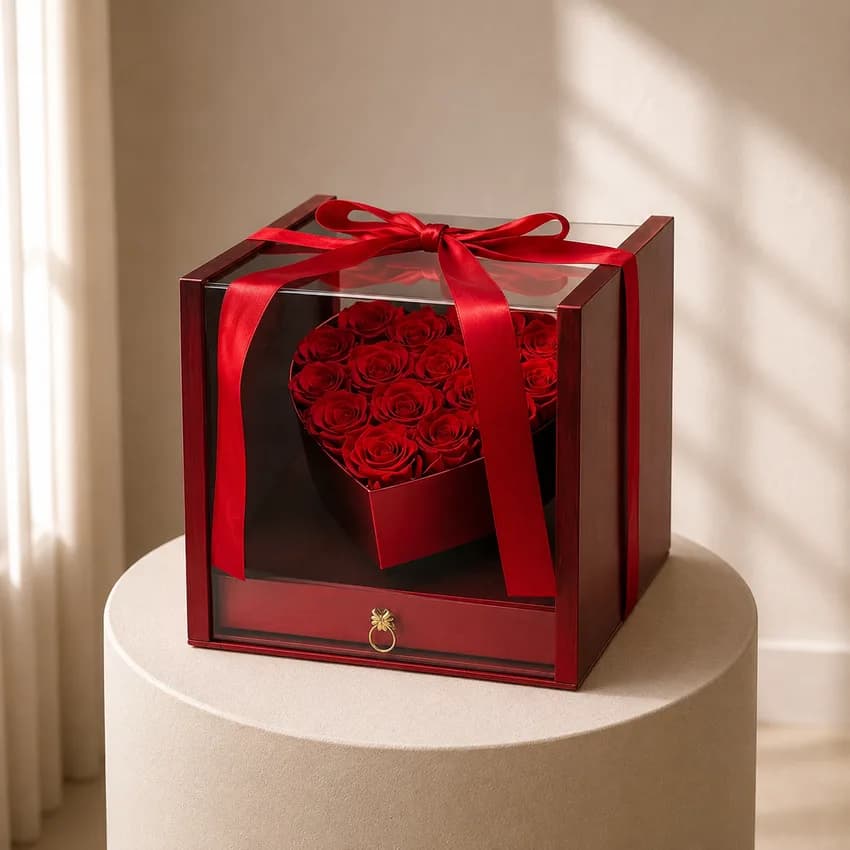 Luxury Transparent Acrylic Square Gift Box with Red Rose Heart and Hidden Drawer