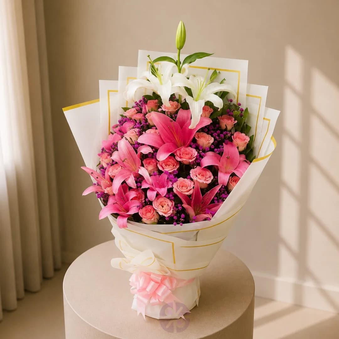 Elegant Pink & White Lily Stand Bouquet with Soft Pink Rose Accents