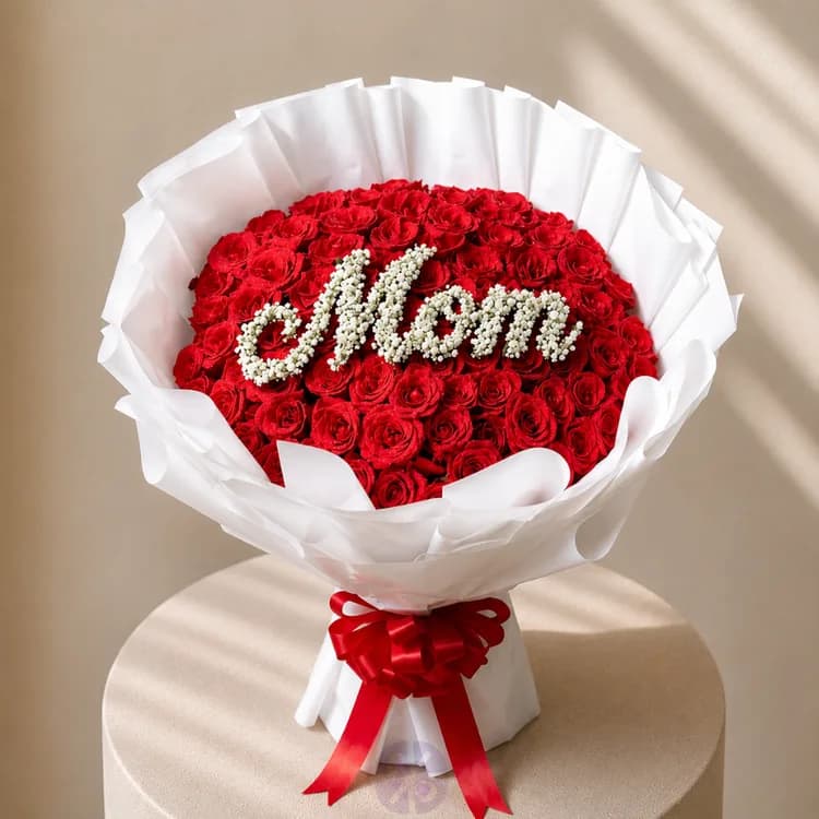 Luxury 100 Red Rose Personalized "Mom" Stand Bouquet