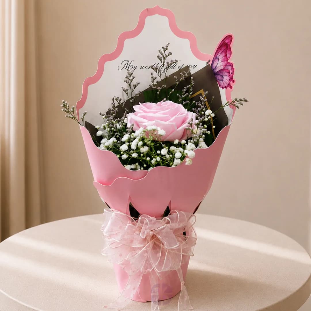 Premium Single Chinese Baby Pink Rose Bouquet with Crown Wrap