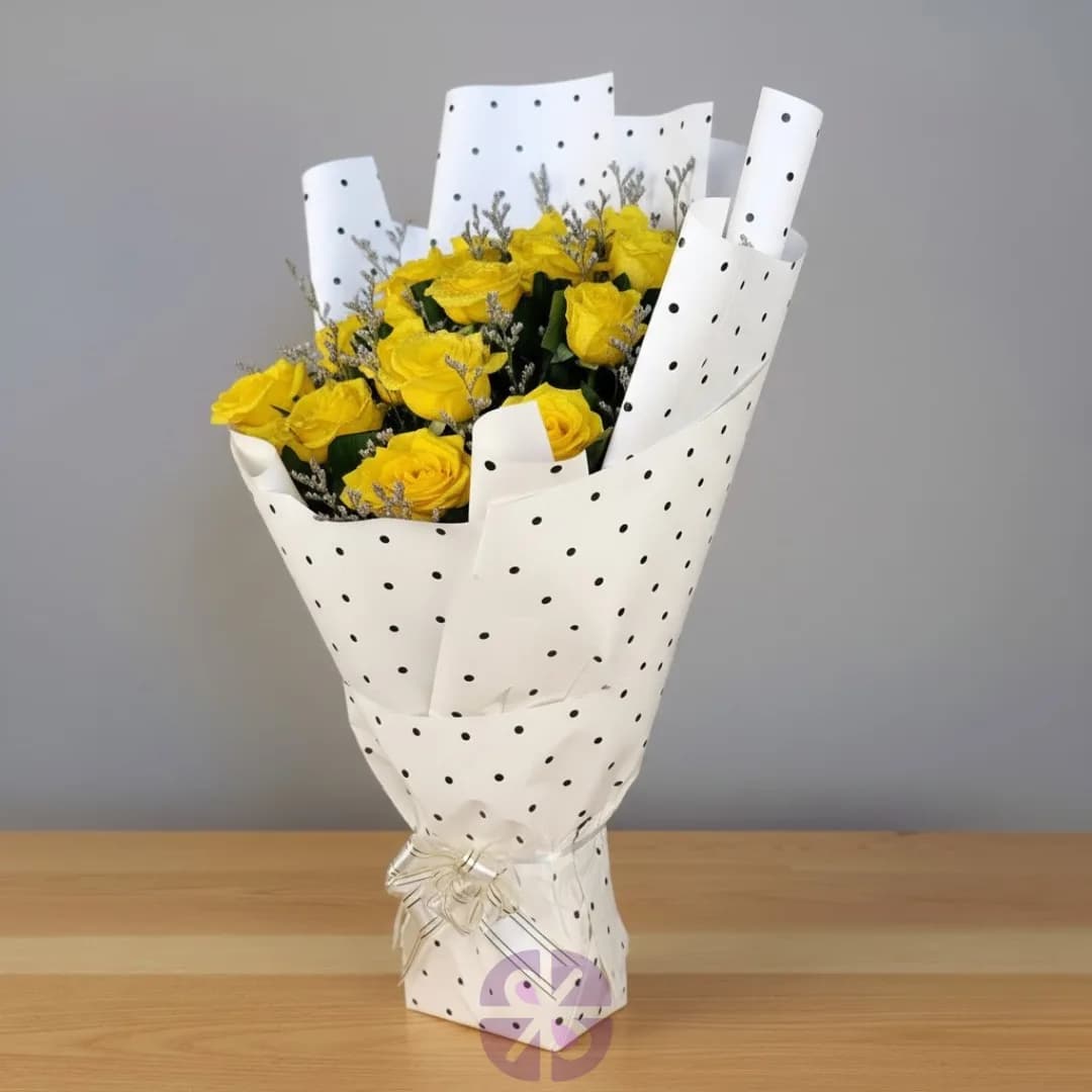 Sunny Yellow Roses Bouquet in Chic Print Dot Wrap