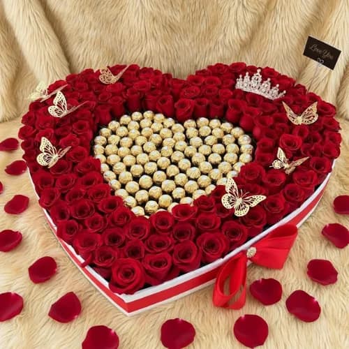 100 Red Roses & Ferrero Heart Masterpiece