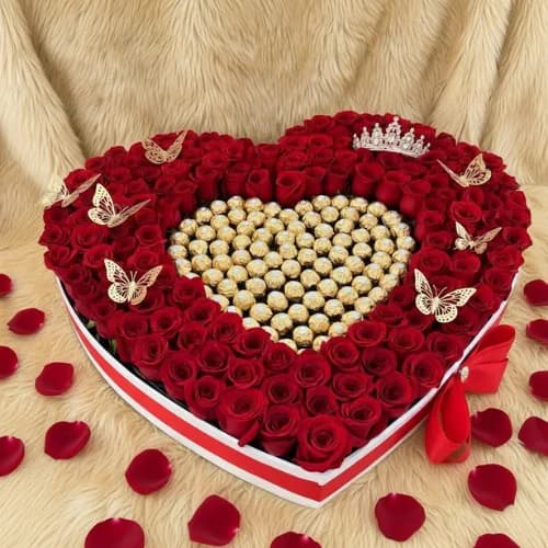 100 Red Roses & Ferrero Heart Masterpiece