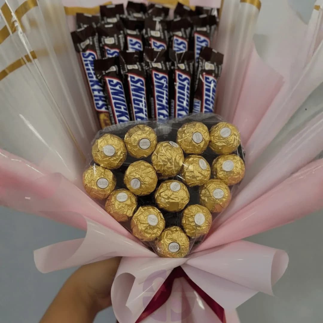 The Ultimate Indulgence Snickers & Ferrero Rocher Heart Bouquet