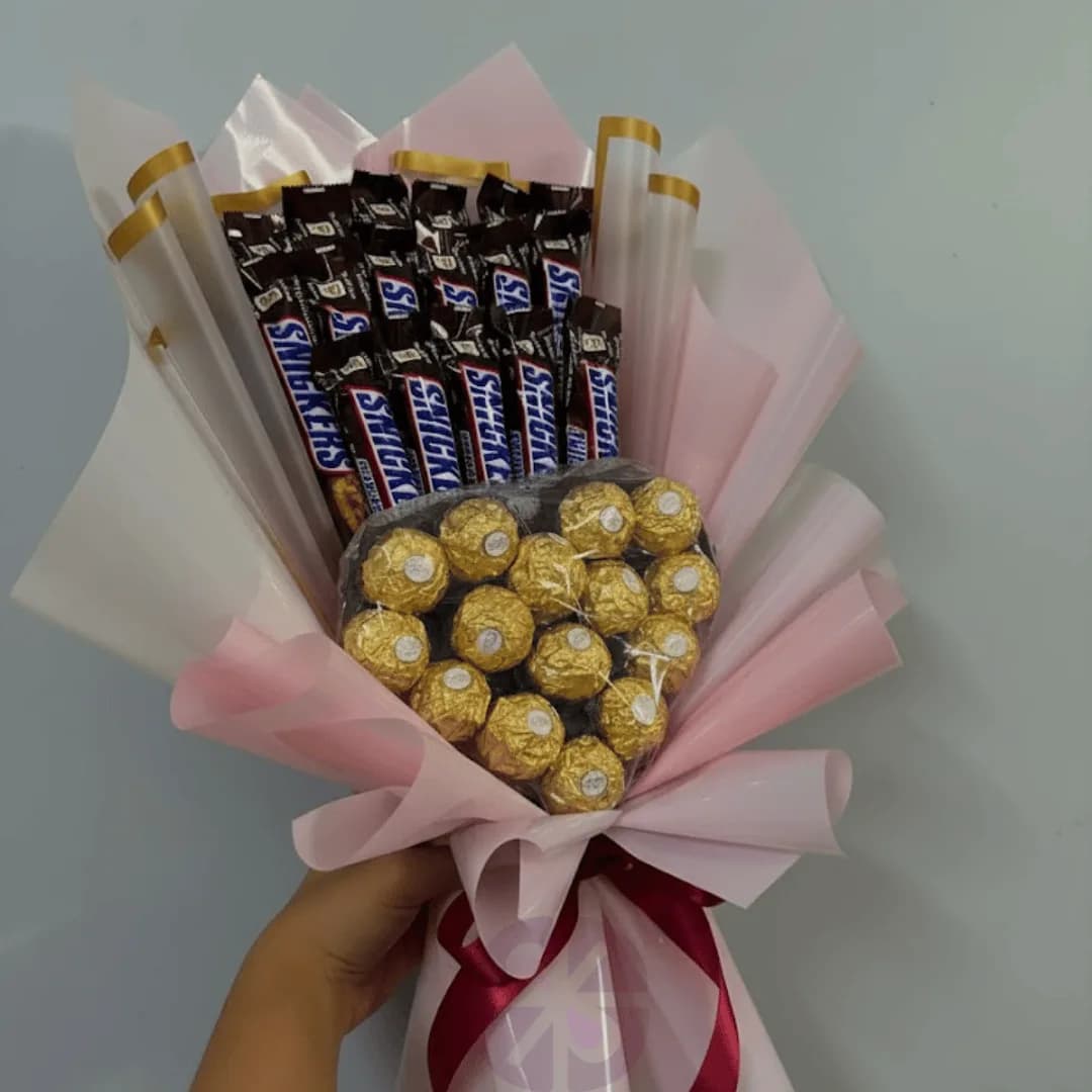 The Ultimate Indulgence Snickers & Ferrero Rocher Heart Bouquet