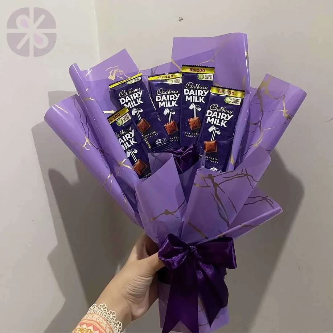 The Royal Indulgence 5-Bar Dairy Milk Bouquet with Purple Rose Accent