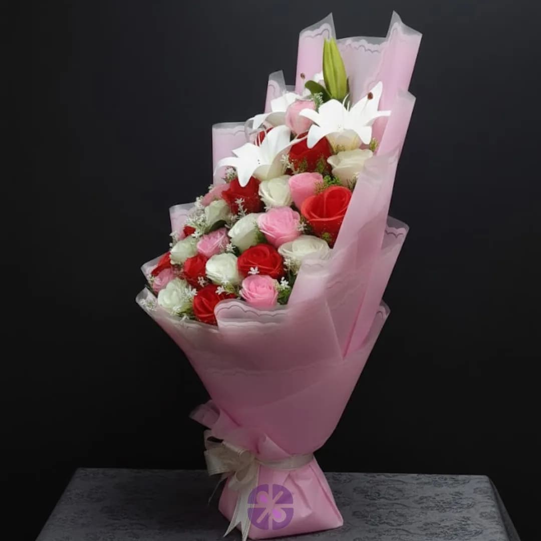 Grand Symphony Artificial Multi-Color Rose & Lily Stand Bouquet