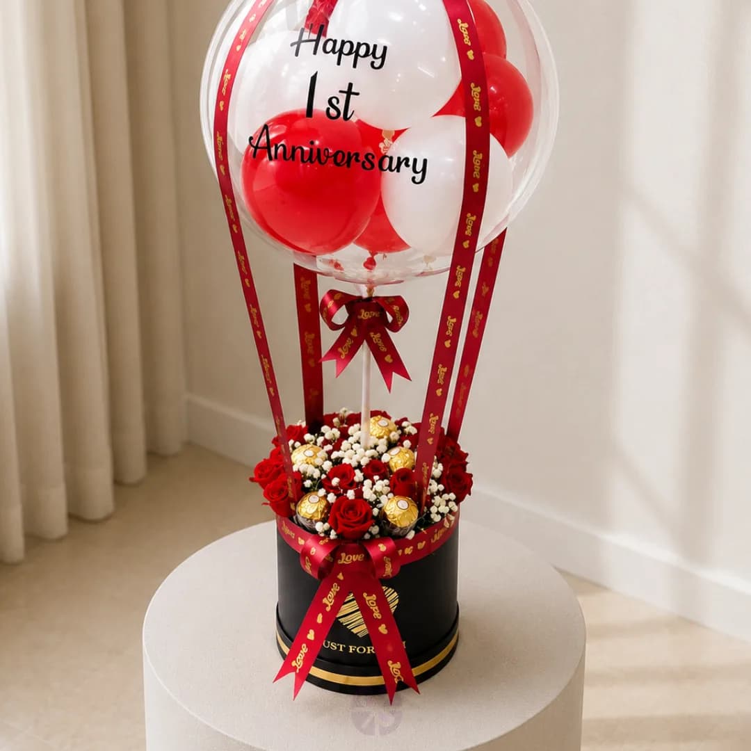Luxury Balloon Bouquet Red Roses & Ferrero Rocher in Premium Black Box