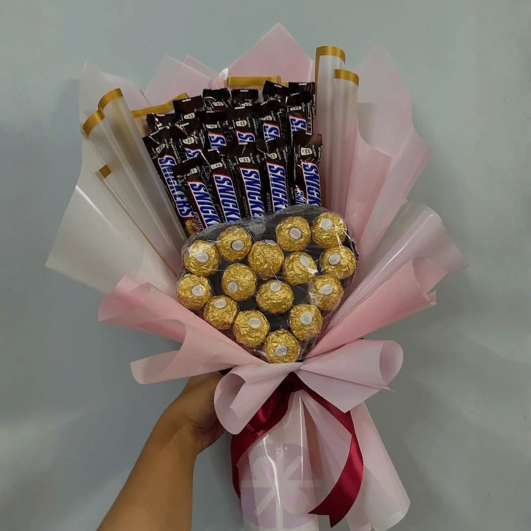 The Ultimate Indulgence Snickers & Ferrero Rocher Heart Bouquet