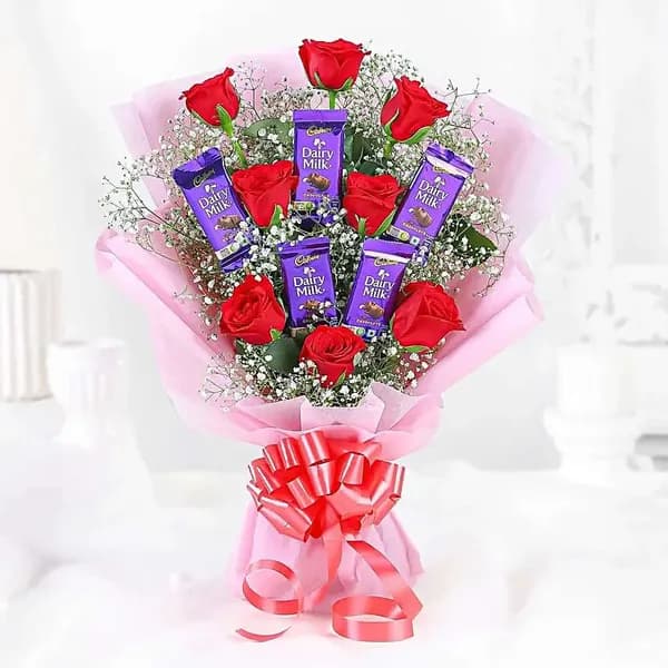 Red Rose & Dairy Milk Chocolate Bouquet with Pink Wrapping