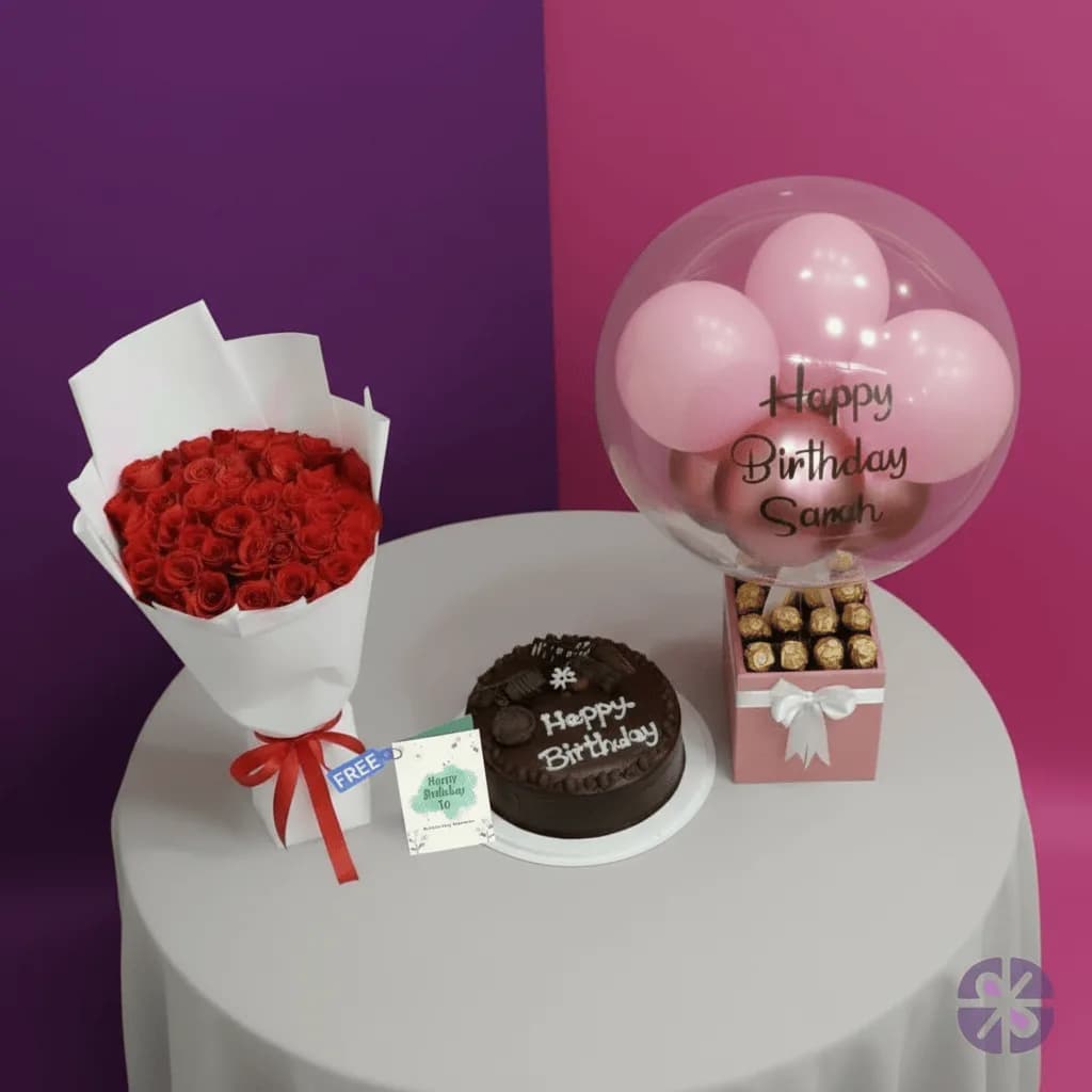 Grand Birthday Trio- Fresh Rose Bouquet, Cake & Balloon Box Combo Set