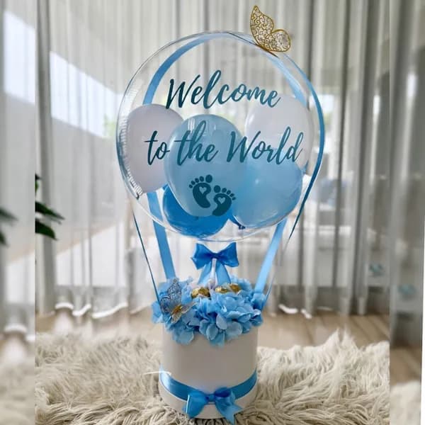 Welcome Baby Boy Balloon Hamper – Personalized Newborn Gift Box with Blue Theme & Chocolates