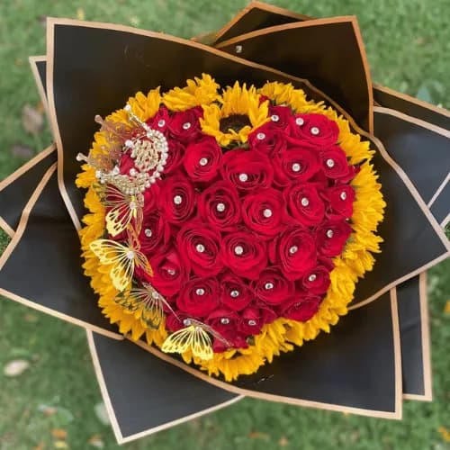 Heart-Shaped Red Rose & Yellow Sunflower-Style Bouquet with Crown & Butterflies