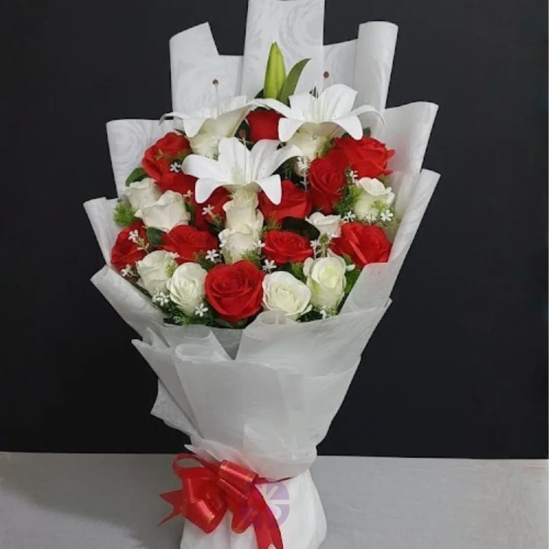 Passion & Purity Artificial Red & White Rose, White Lily Stand Bouquet