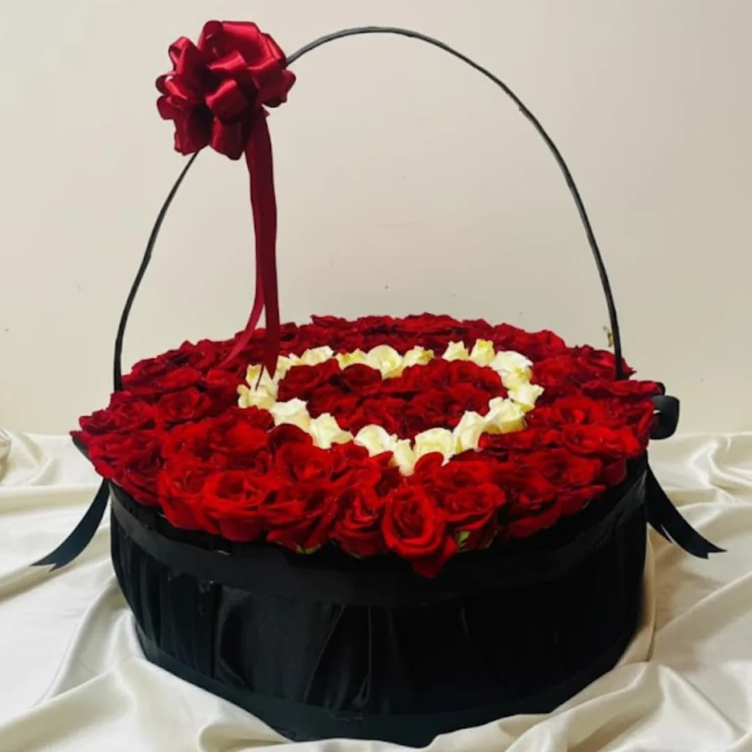 100 Premium Red Rose Heart Shape Black Basket Arrangement