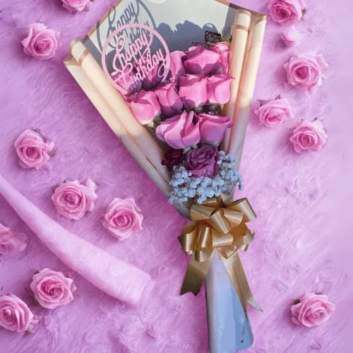 Pink Rose Bouquet with Topper & Golden Wrap