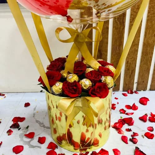 The Golden Celebration Personalized Bubble Balloon & Rose Box
