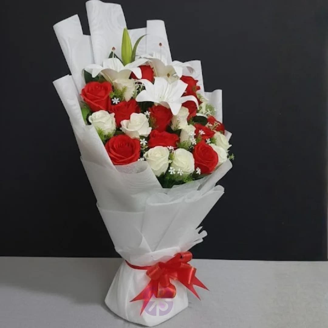 Passion & Purity Artificial Red & White Rose, White Lily Stand Bouquet