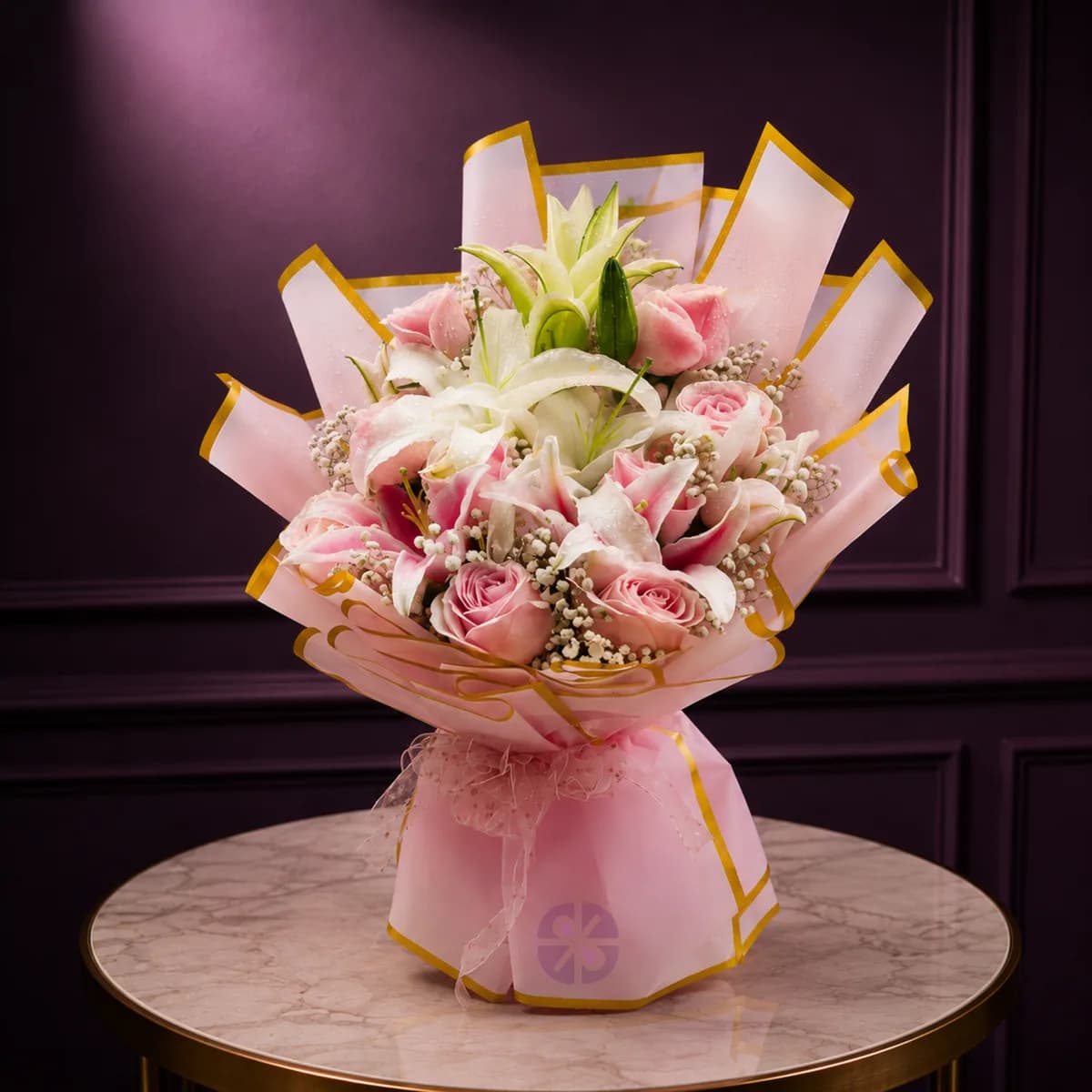 Premium Pink & White Lily with Pink Rose Stand Bouquet