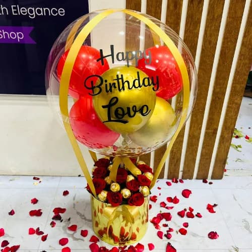 The Golden Celebration Personalized Bubble Balloon & Rose Box